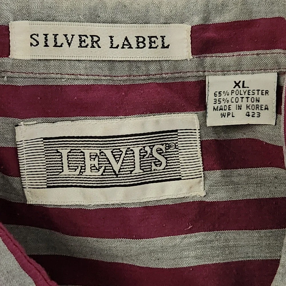 Vintage‎ Levis Silver Label Shirt Mens XL Burgundy Gray Striped Button Up Big E